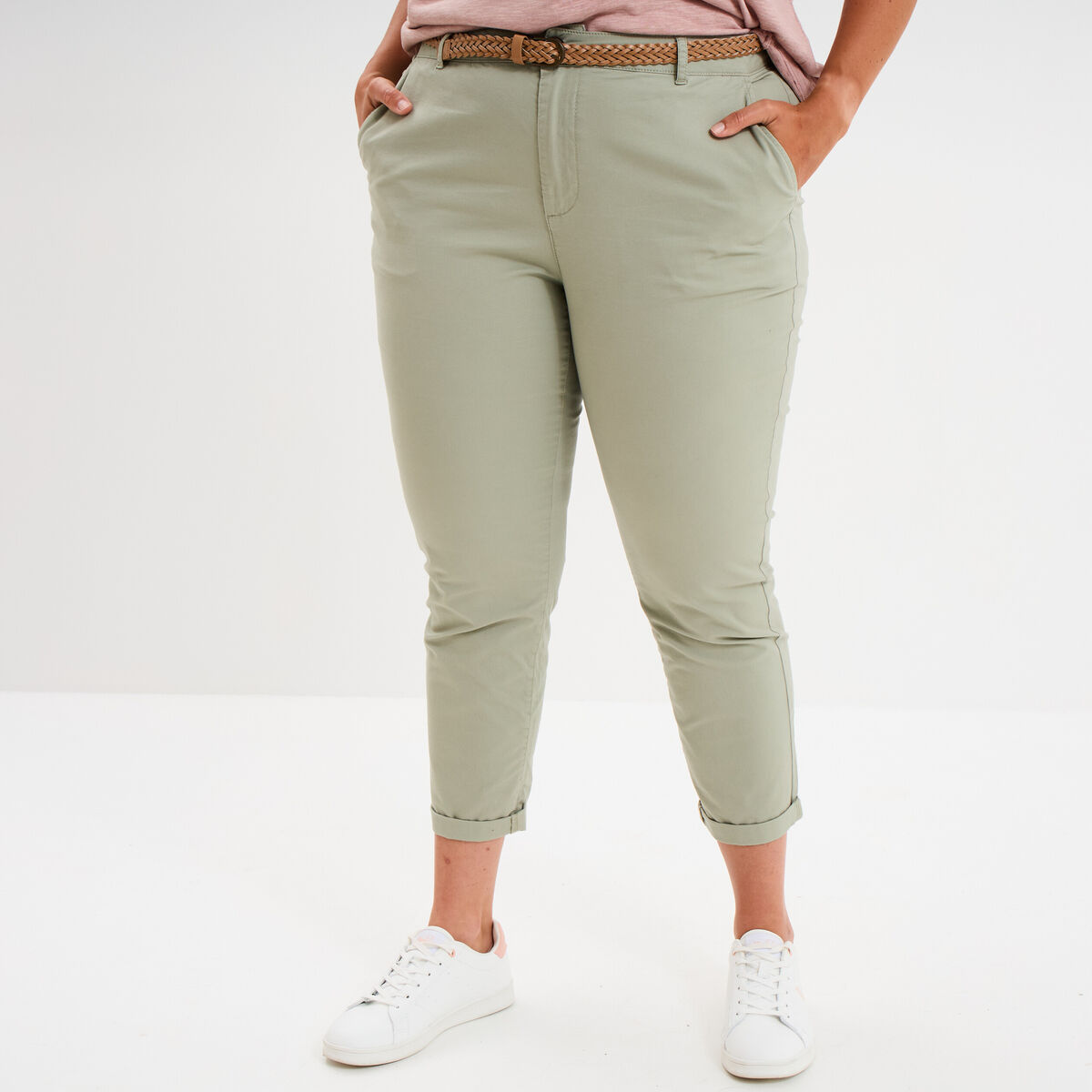 Pantalon chino taille haute coton vert kaki femme grande taille