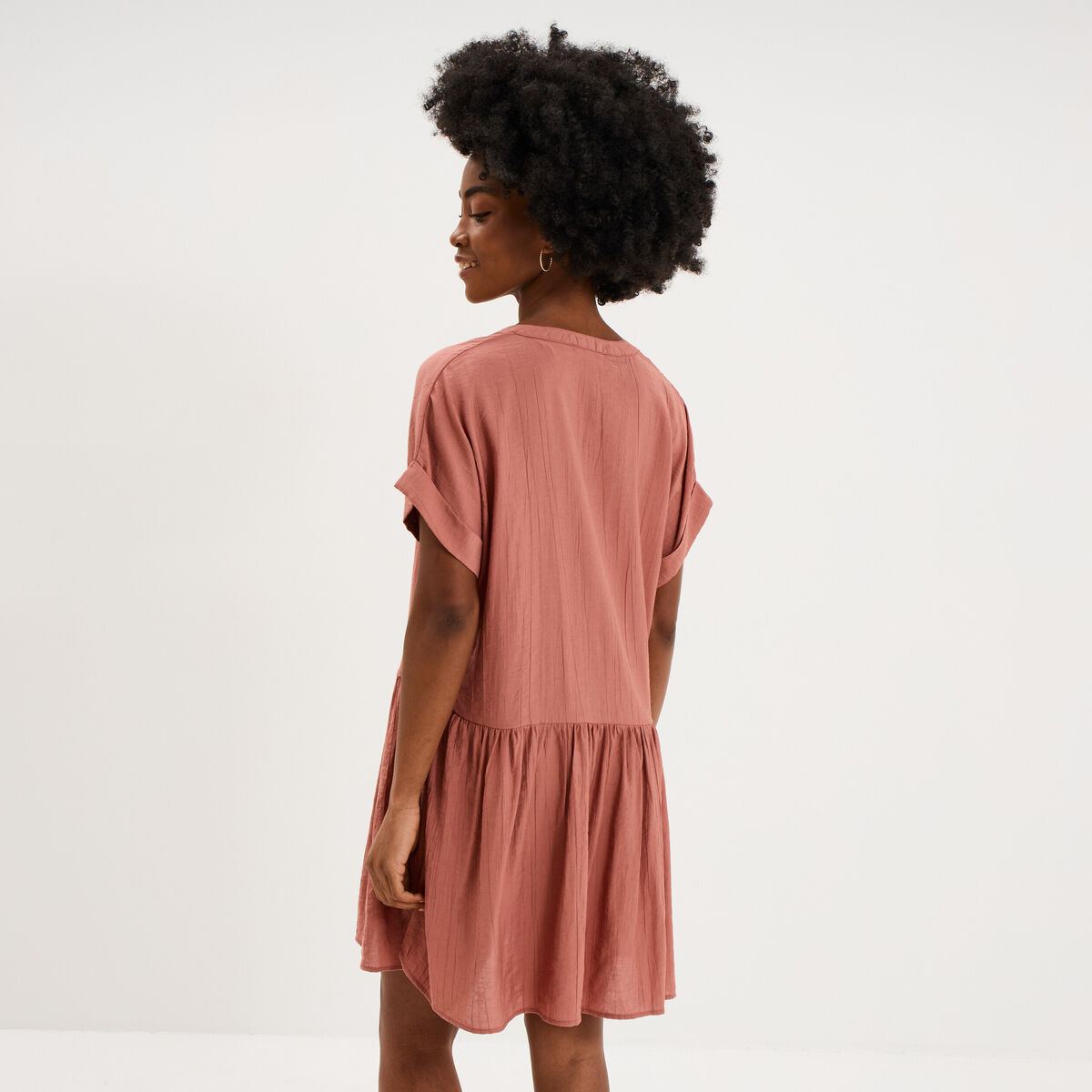 Robe courte fluide bas volants terracotta femme