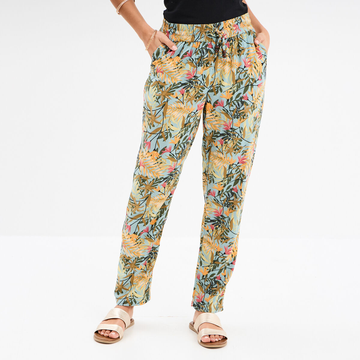 Pantalon cigarette fluide &agrave; ceinture vert &eacute;meraude femme