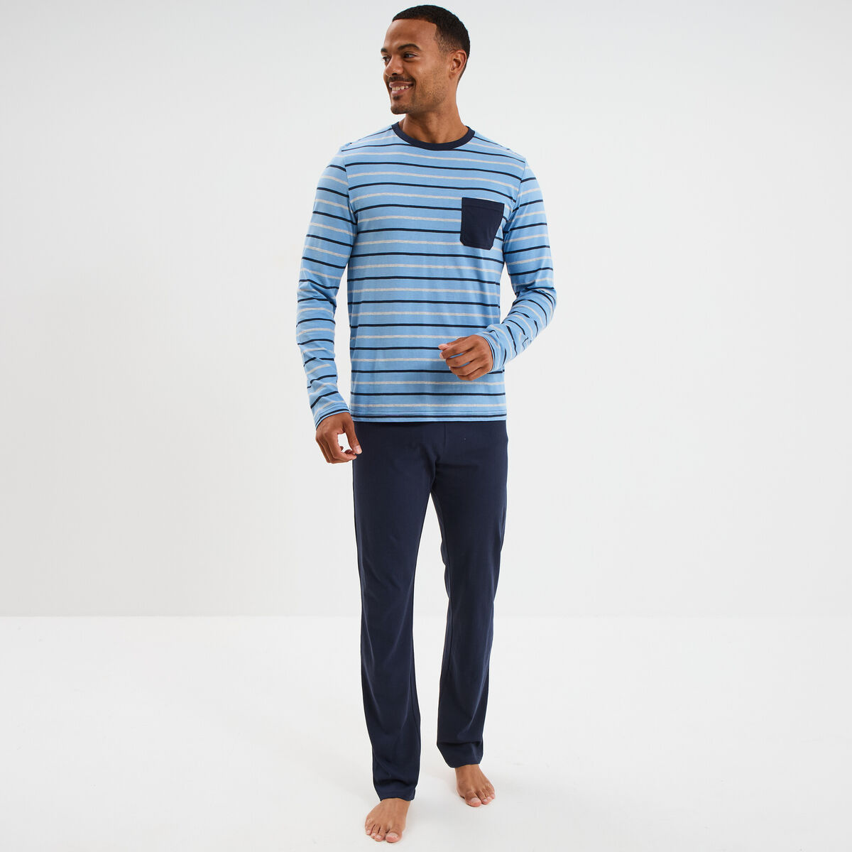 Ensemble pyjama 2 pièces coton bleu marine homme