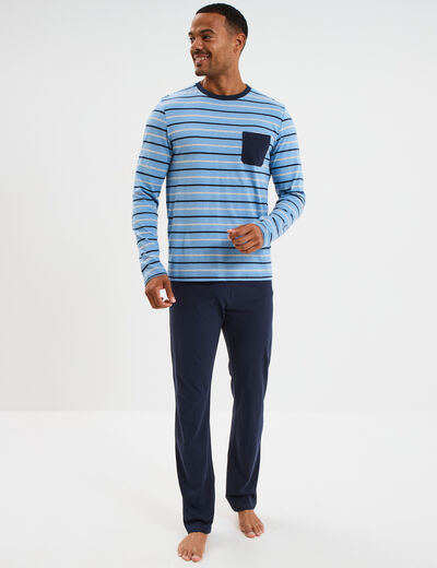 Ensemble pyjama 2 pièces coton bleu marine homme