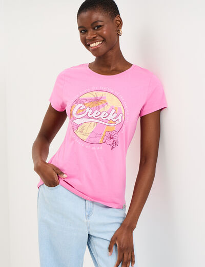 T-shirt manches courtes col rond coton rose femme