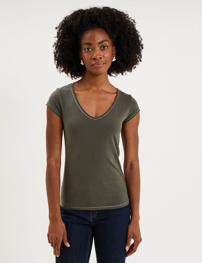 T-shirt col V ajust&eacute; manches courtes vert kaki femme