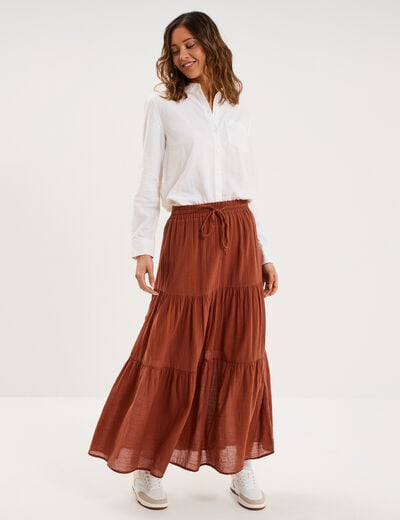 Jupe longue fluide &eacute;vas&eacute;e coton camel femme