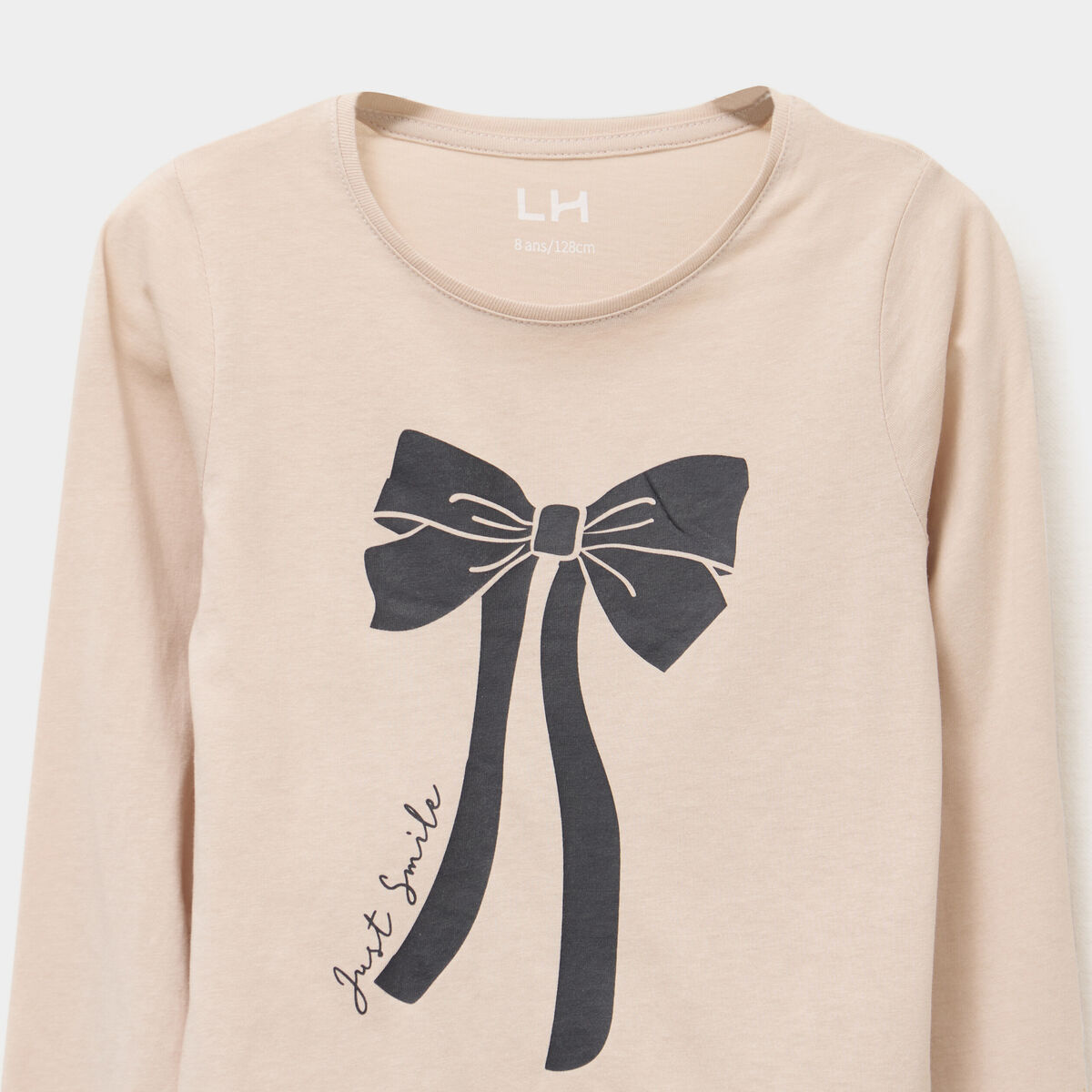 T-shirt col rond manches longues coton beige fille