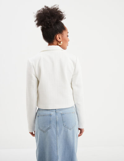 Veste courte tweed col tailleur blanc femme