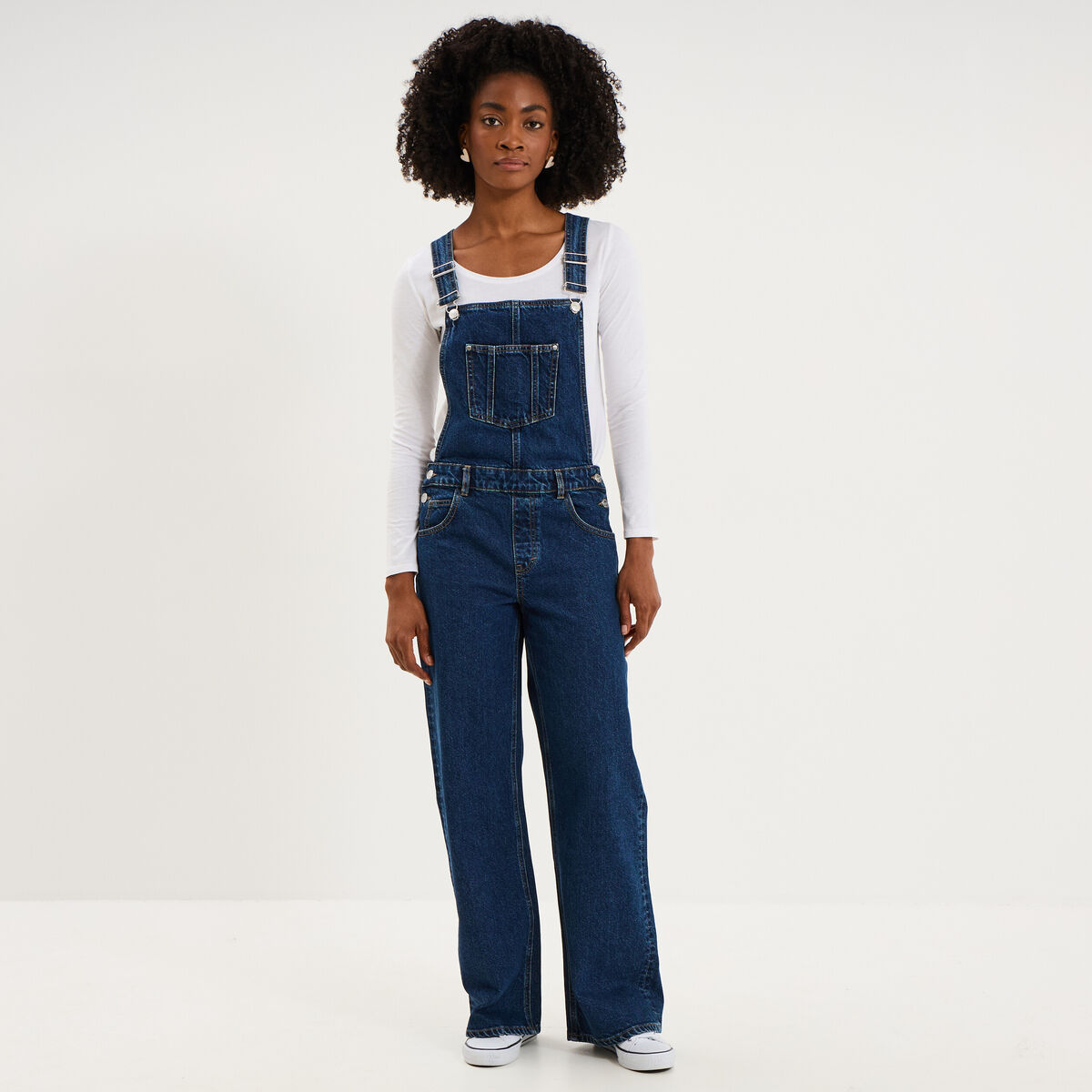 Salopette en jean jambe large coton bleu fonc&eacute; femme