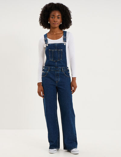 Salopette en jean jambe large coton bleu fonc&eacute; femme