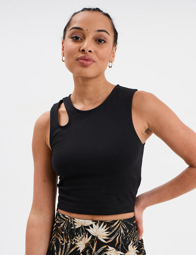 Débardeur cropped ouverture épaule noir femme