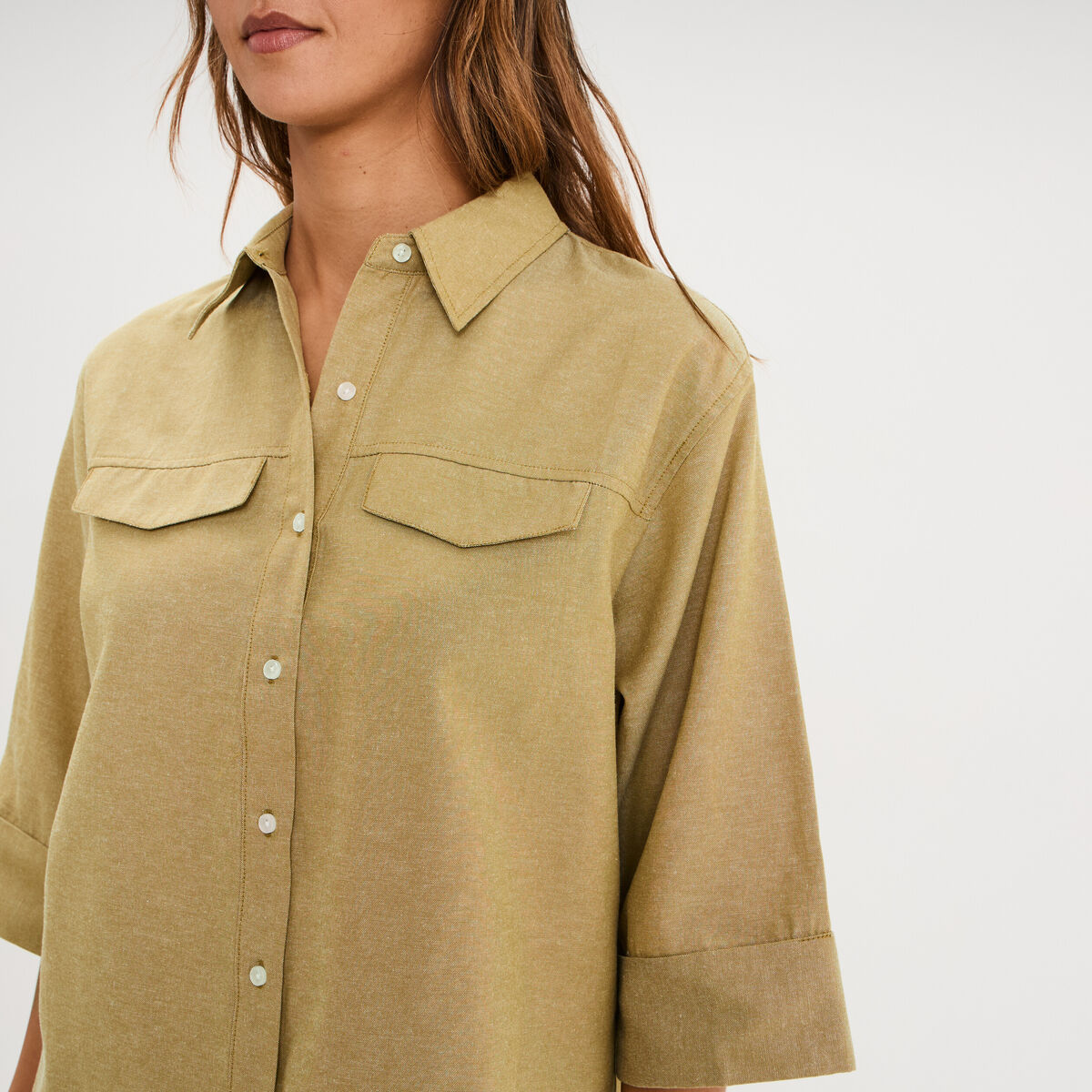 Chemise manches 3/4 poches poitrine vert olive femme