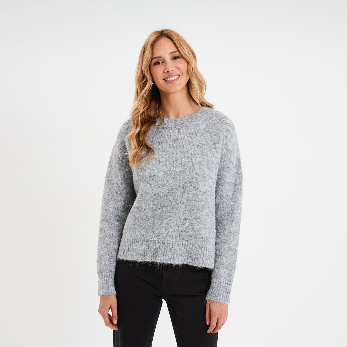 Pull col rond manches longues gris femme