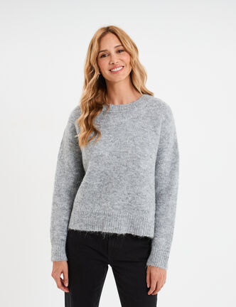 Pull col rond manches longues gris femme