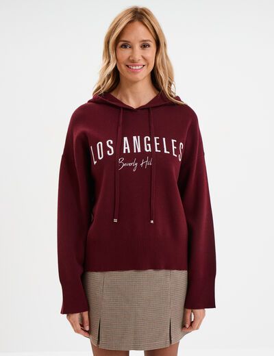 Pull à capuche manches longues bordeaux femme