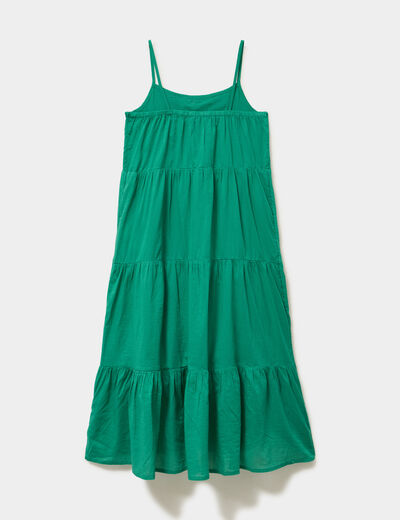 Robe longue &agrave; volants et bretelles coton vert canard fille