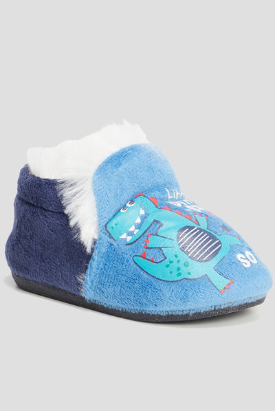 Chaussons fourrés motif dinosaure bleu bébé garçon