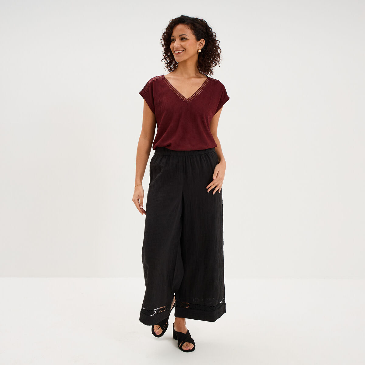 Pantalon large &eacute;lastiqu&eacute;e gaze coton noir femme