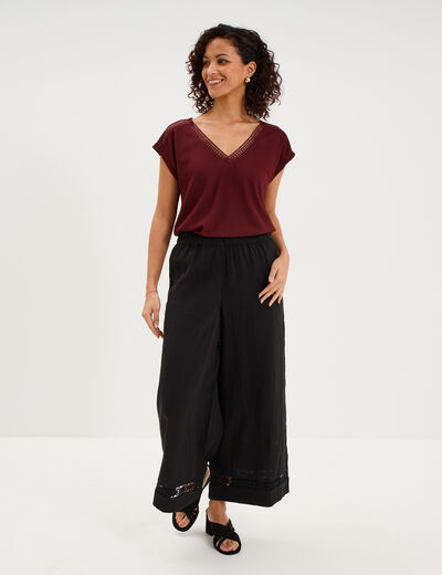 Pantalon large &eacute;lastiqu&eacute;e gaze coton noir femme
