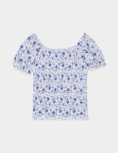 T-shirt smocké à manches ballons courtes ecru fille