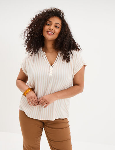 Blouse col en V manches courtes beige femme grande taille