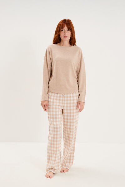Pyjama pantalon manches longues beige clair femme
