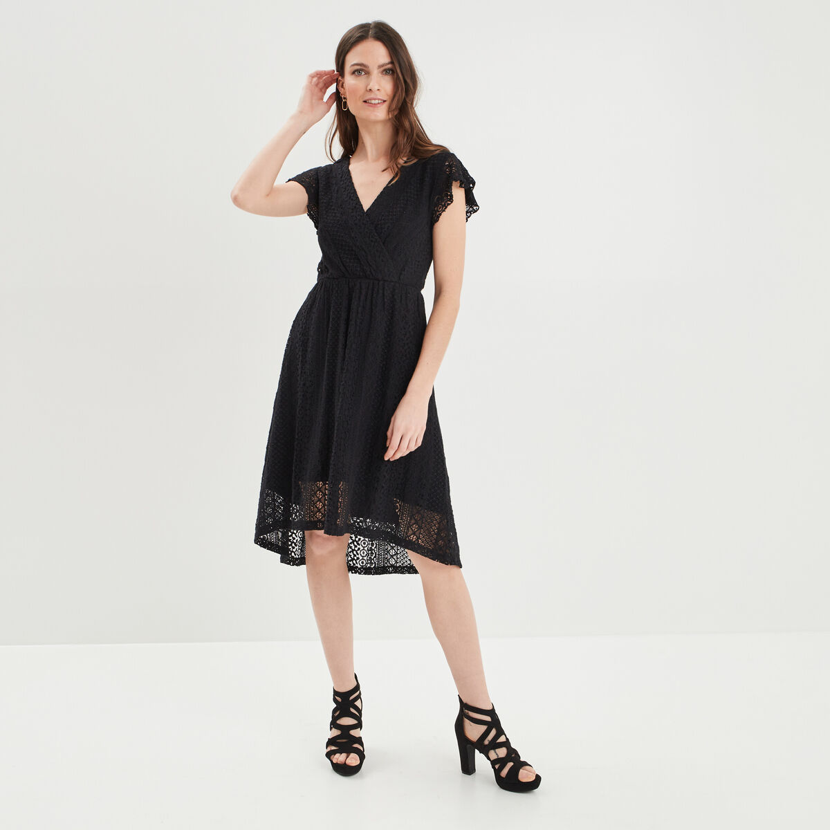 Robe évasée en dentelle noir femme