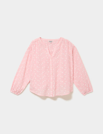 Blouse brod&eacute;e manches ballons rose femme grande taille
