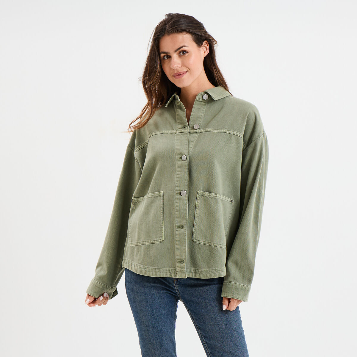 Veste surchemise oversize en jean coton vert kaki femme