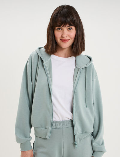Sweat zipp&eacute; &agrave; capuche bleu gris femme