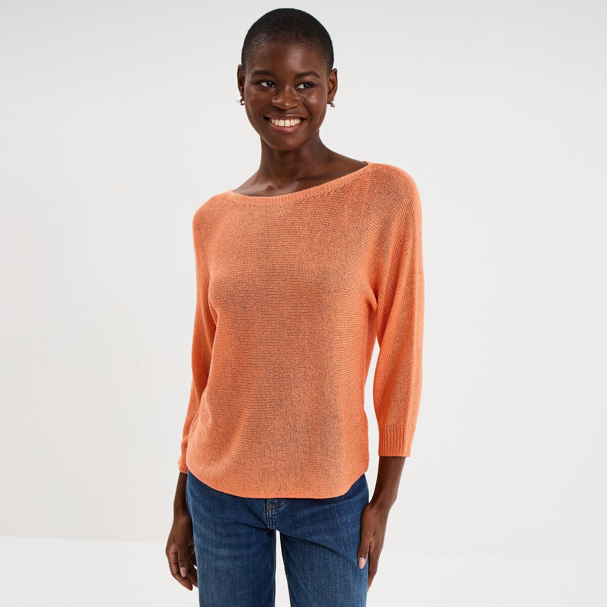 Pull droit col rond manches longues orange corail femme