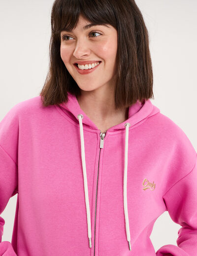 Sweat zipp&eacute; &agrave; capuche rose fushia femme