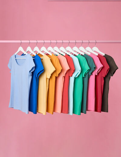 T-shirt coton col rond manches courtes bleu clair femme
