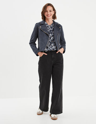 Chemise manches longues col mao bleu marine femme