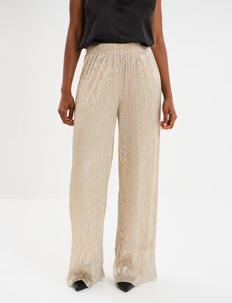 Pantalon plissé taille élastiquée jaune or femme