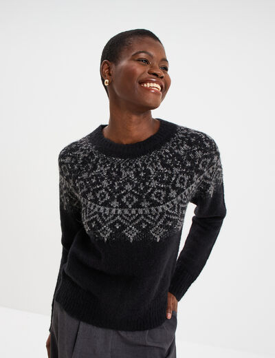 Pull jacquard col rond manches longues noir femme