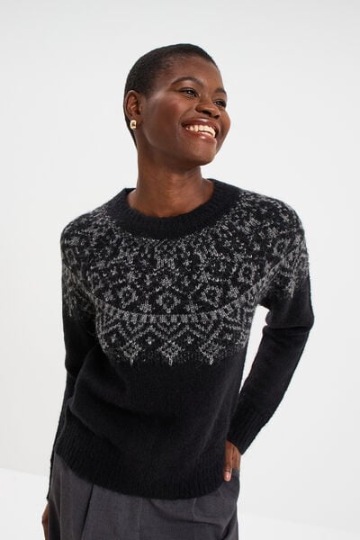Pull jacquard col rond manches longues noir femme