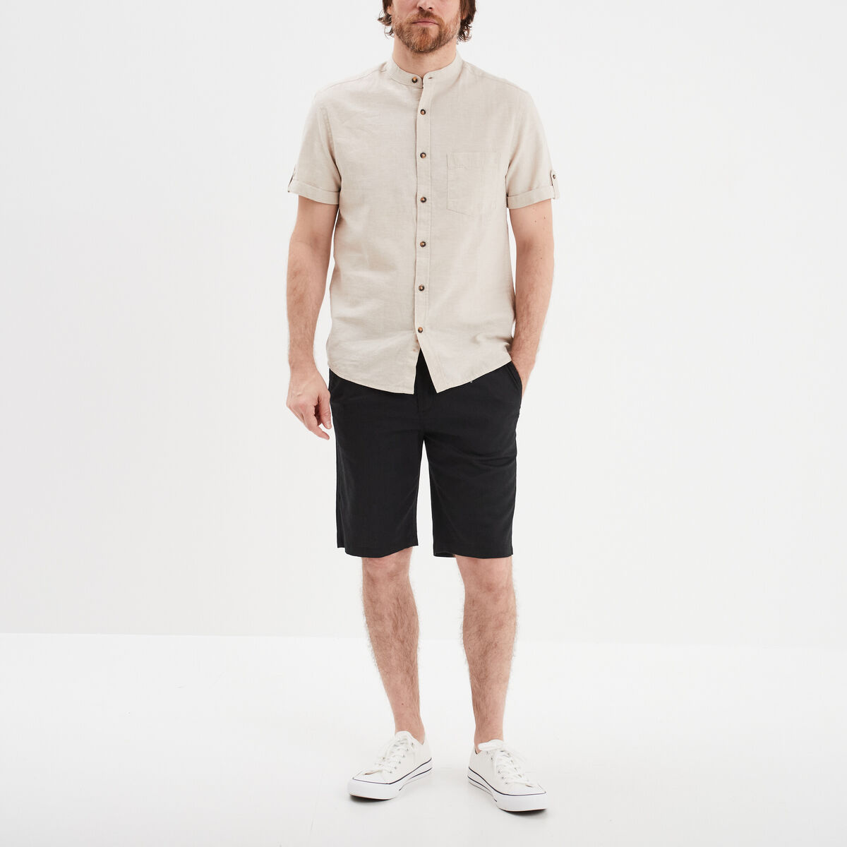 Bermuda chino à coulisse lin mélangé noir homme