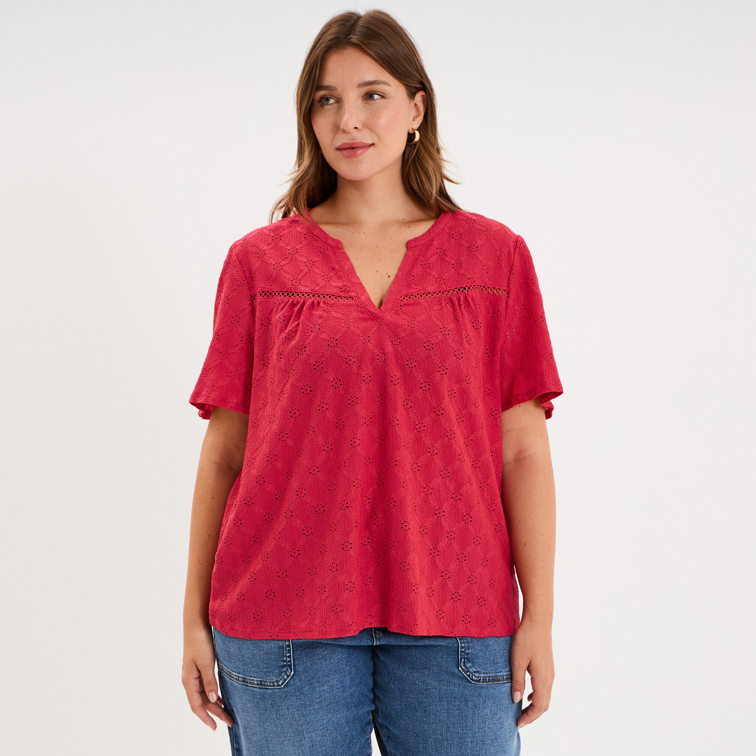 Blouse manches courtes broderie anglaise rose cerise femme grande taille
