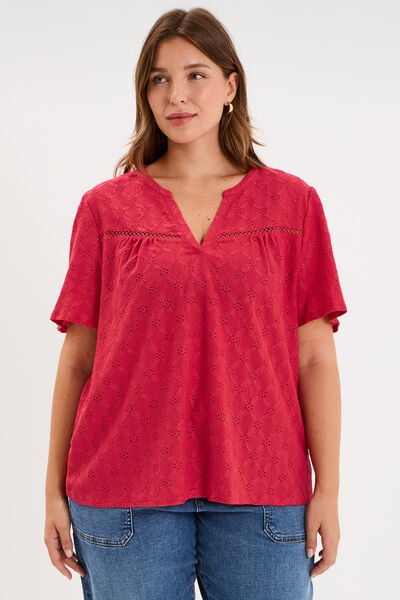 Blouse manches courtes broderie anglaise rose cerise femme grande taille