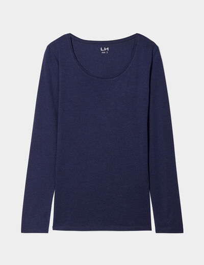 T-shirt coton col rond manches longues bleu marine femme