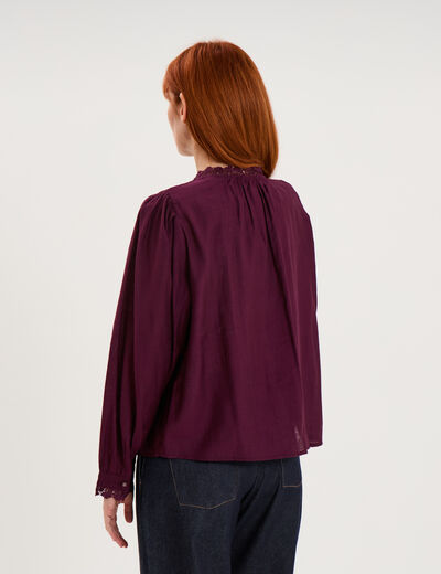 Blouse col montant dentelle violet fonc&eacute; femme