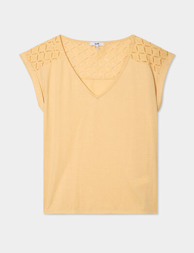 T-shirt col en V dentelle épaules et dos jaune clair femme