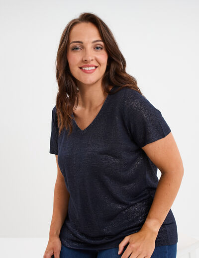 T-shirt col en V manches courtes bleu foncé femme grande taille