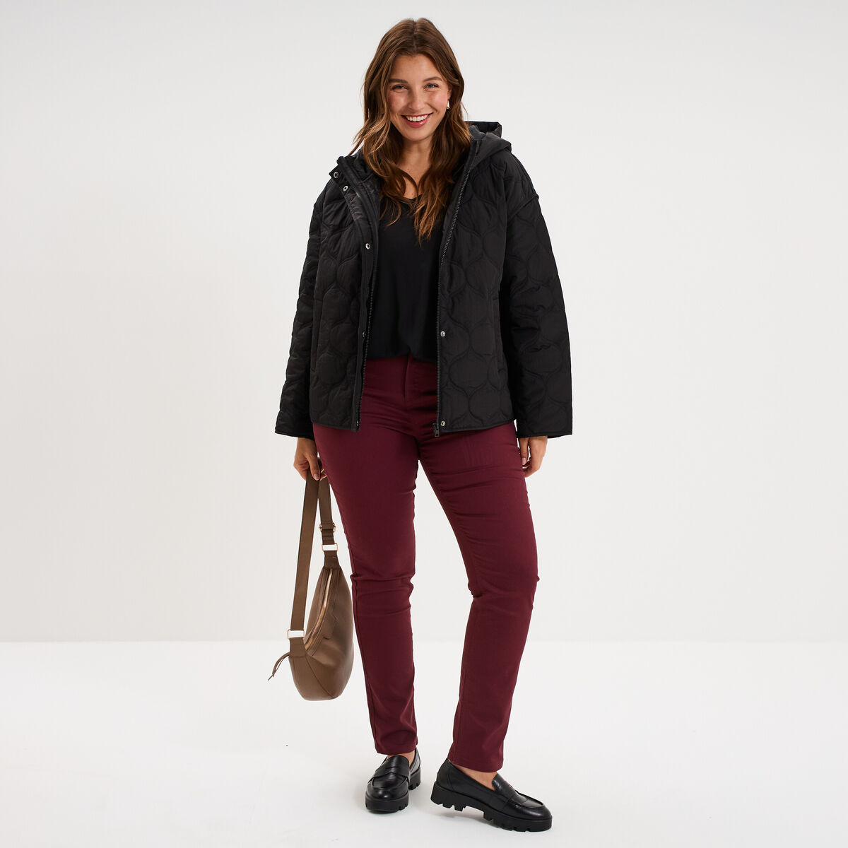 Pantalon droit taille haute extensible violet fonc&eacute; femme grande taille