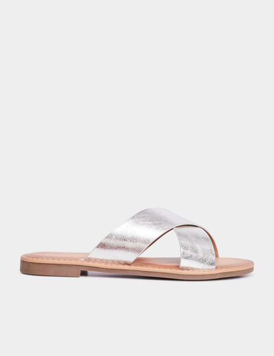 Mules brides larges crois&eacute;es gris argent femme
