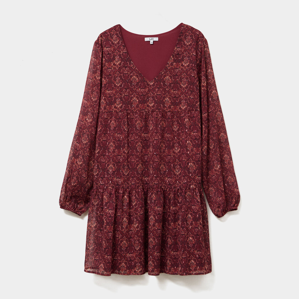 Robe évasée col en V et volants bordeaux femme