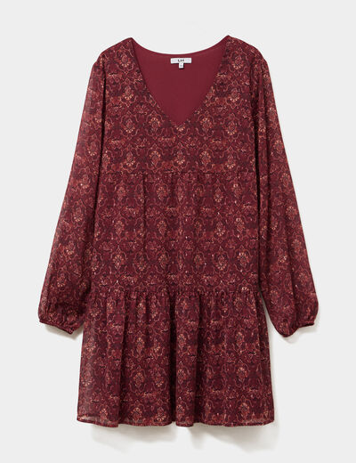 Robe évasée col en V et volants bordeaux femme