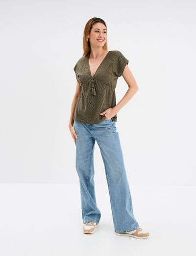 T-shirt dentelle col en V noeud Liberto vert kaki femme
