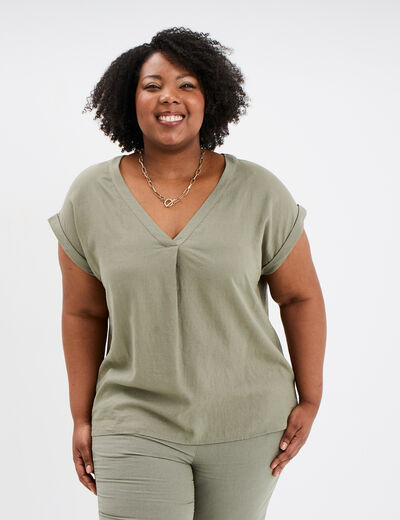 Blouse col V manches courtes mélange lin vert kaki femme grande taille