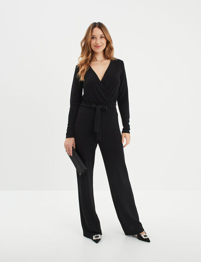 Combinaison pantalon ceinturée nouée noir femme
