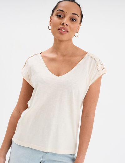 T-shirt épaules dentelle coton rose clair femme